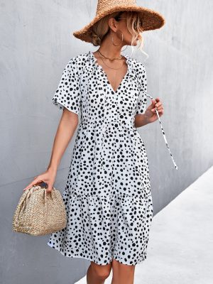 Spring Summer Ruffled V neck Lace up Dot Dress