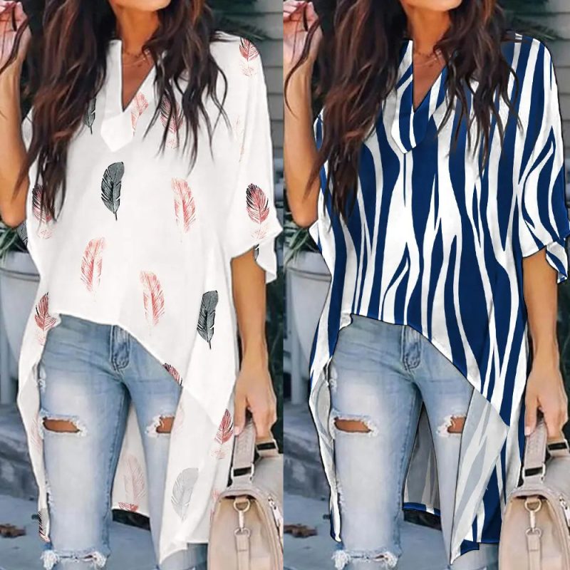 Summer Women Clothing Printed V-neck Batwing Sleeve Casual Irregular Asymmetric Shirt - Image 5