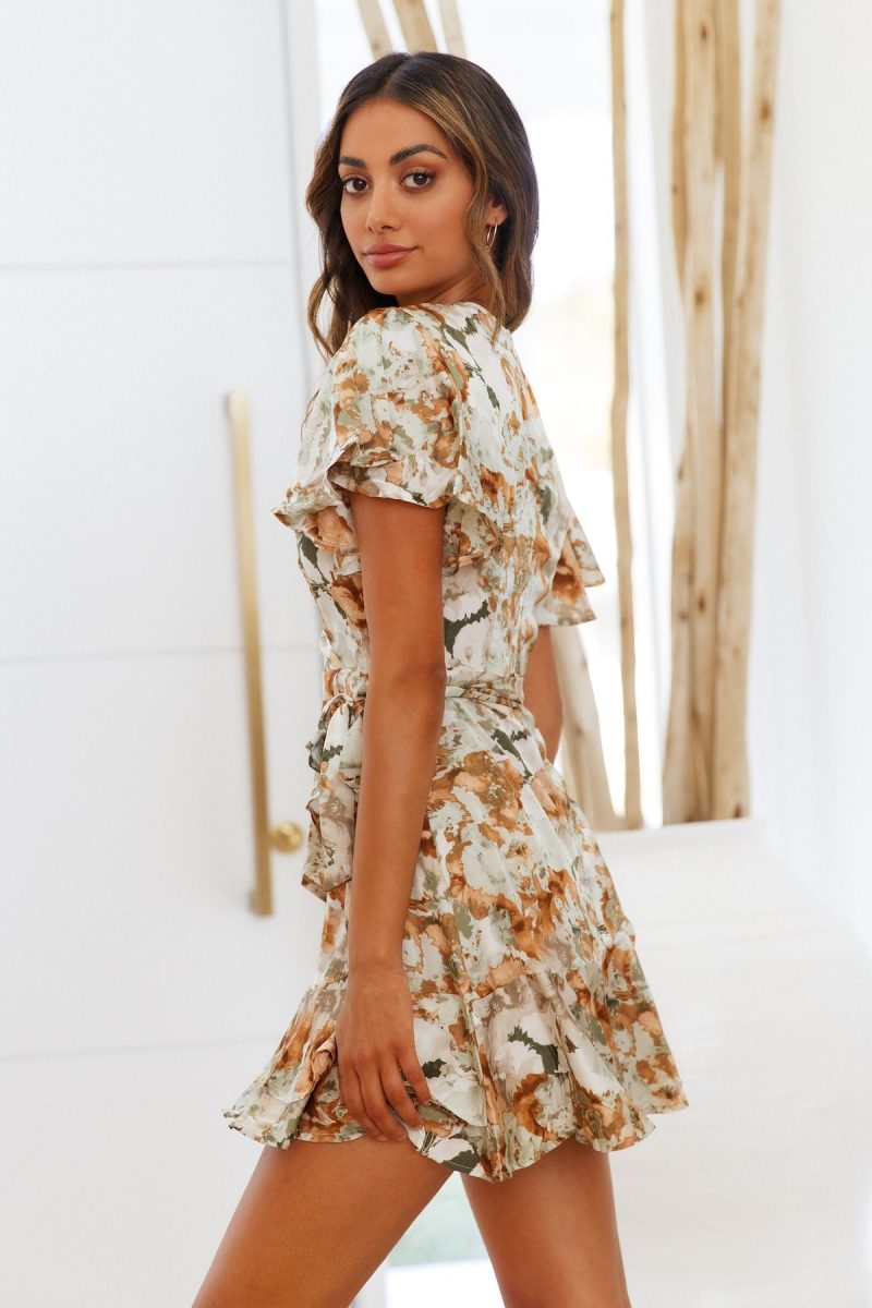 Spring Summer V neck Short Sleeve Printed Ruffled Dress Women Clothing - Image 3