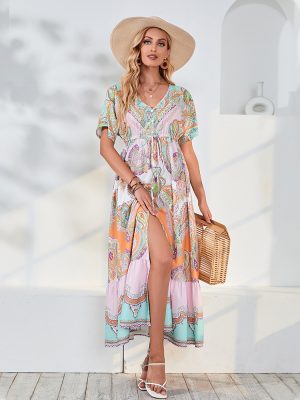 Women Clothing Bohemian Large Swing V-neck Beach Vacation Lace Printing Dress