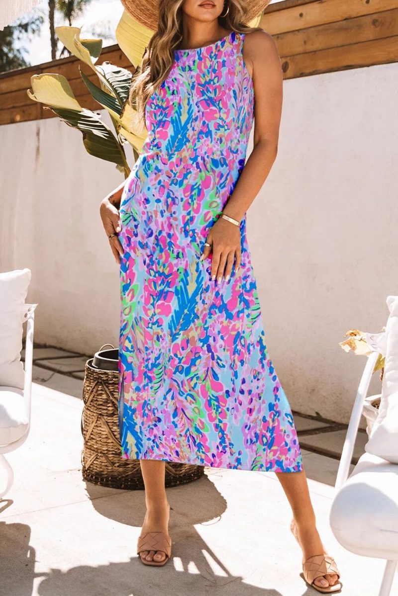 Personalized Floral Print Sleeveless Dress round Neck Pullover Ankle Length Dress - Image 3