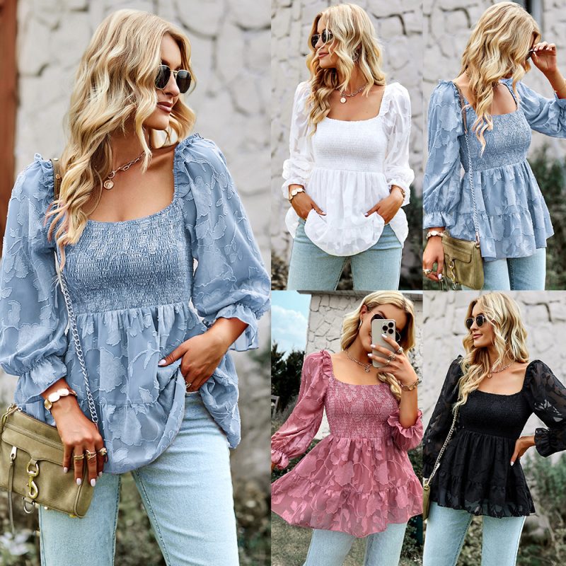 Square Collar Long Upper Outer Garment Spring Autumn All-Match Top Shirt For Women - Image 5