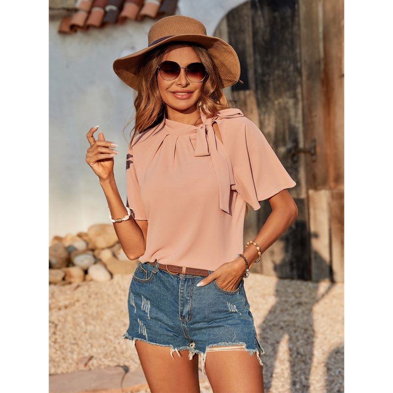 Women Shirt Solid Color Tied Ruffle Sleeve Shirt - Image 3