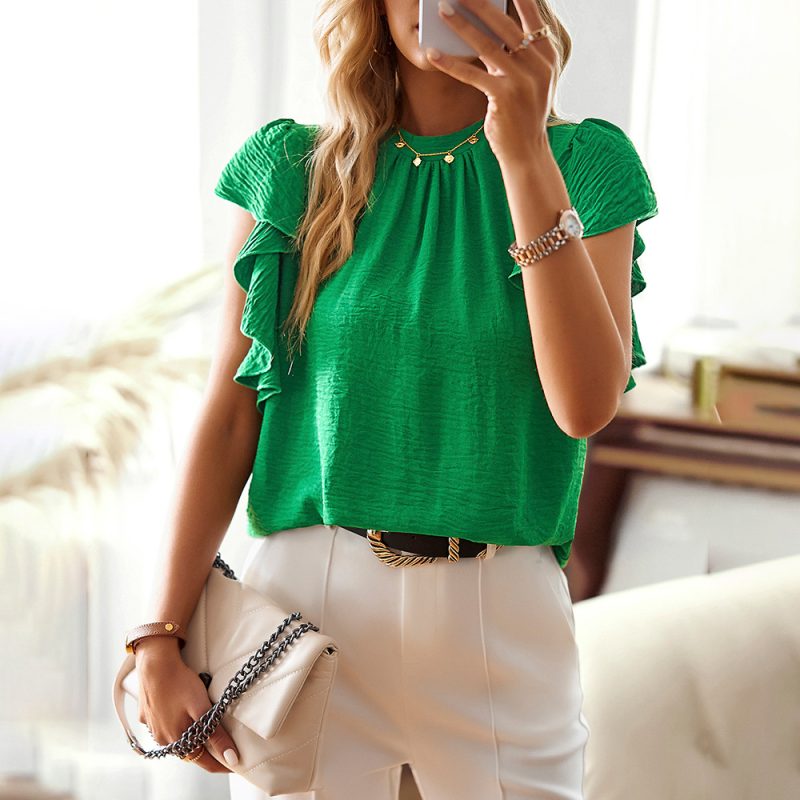 Shirt Women Summer Office Solid Color Short Sleeve Top - Image 3