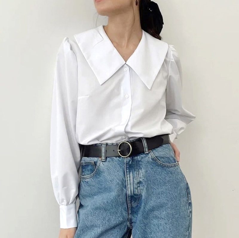 Summer French Office Sailor Collar Casual Long Sleeves Shirt Classic Niche White - Image 2