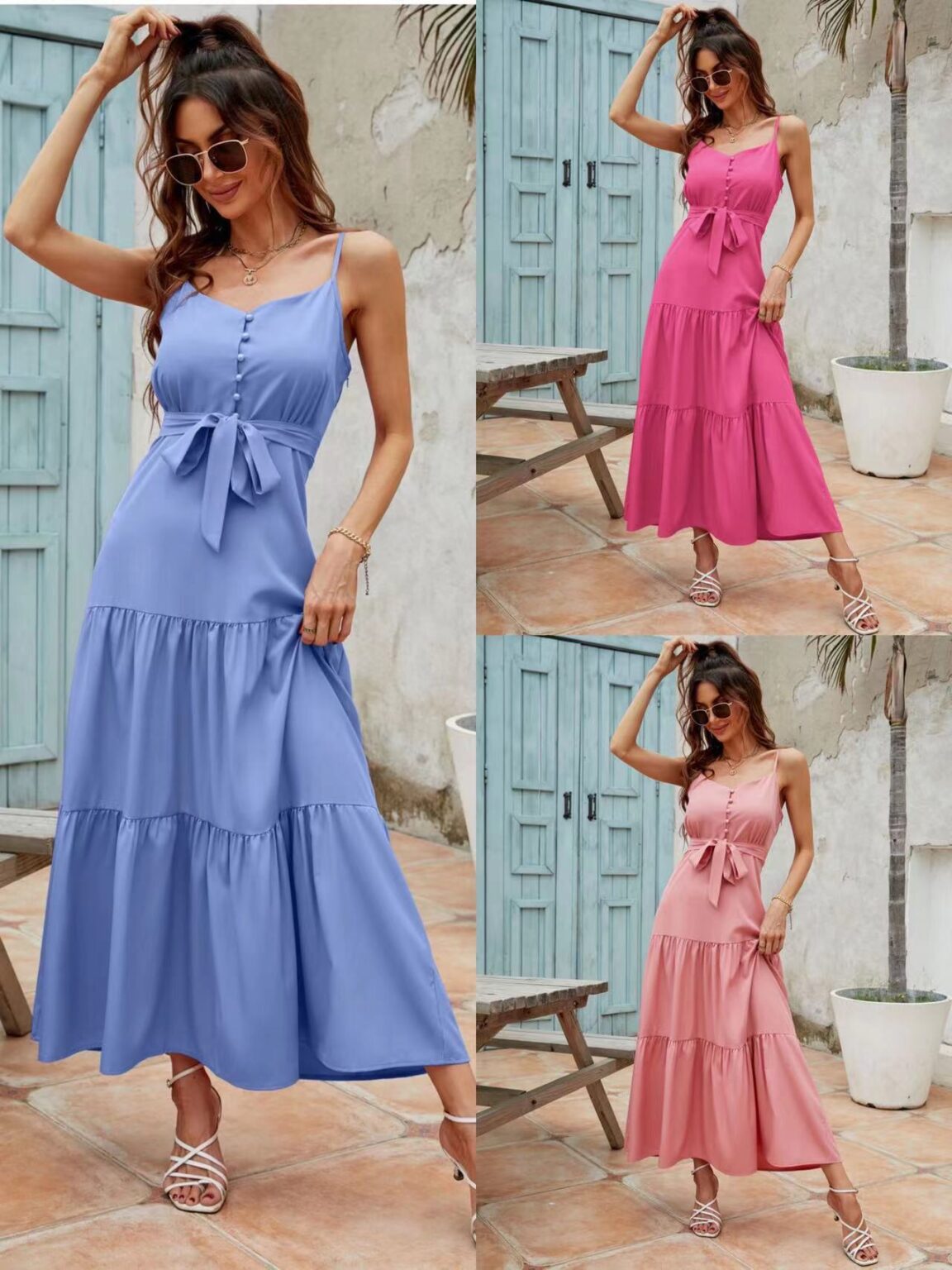 Solid Color Sling Row Waist Closing Dress - Image 5