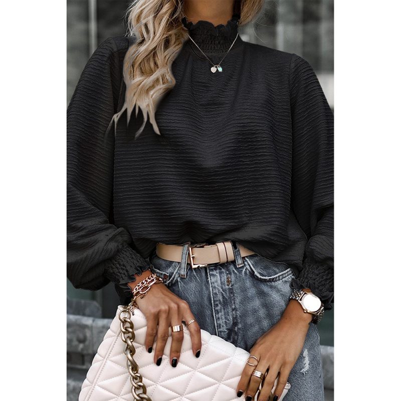 Women Pleated Neck Texture Long Sleeved Top Loose All Matching Simple Bottoming Shirt - Image 3