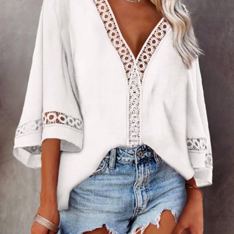 V-neck Hollow Out Cutout Lace Loose Shirt Women Clothing - Image 3