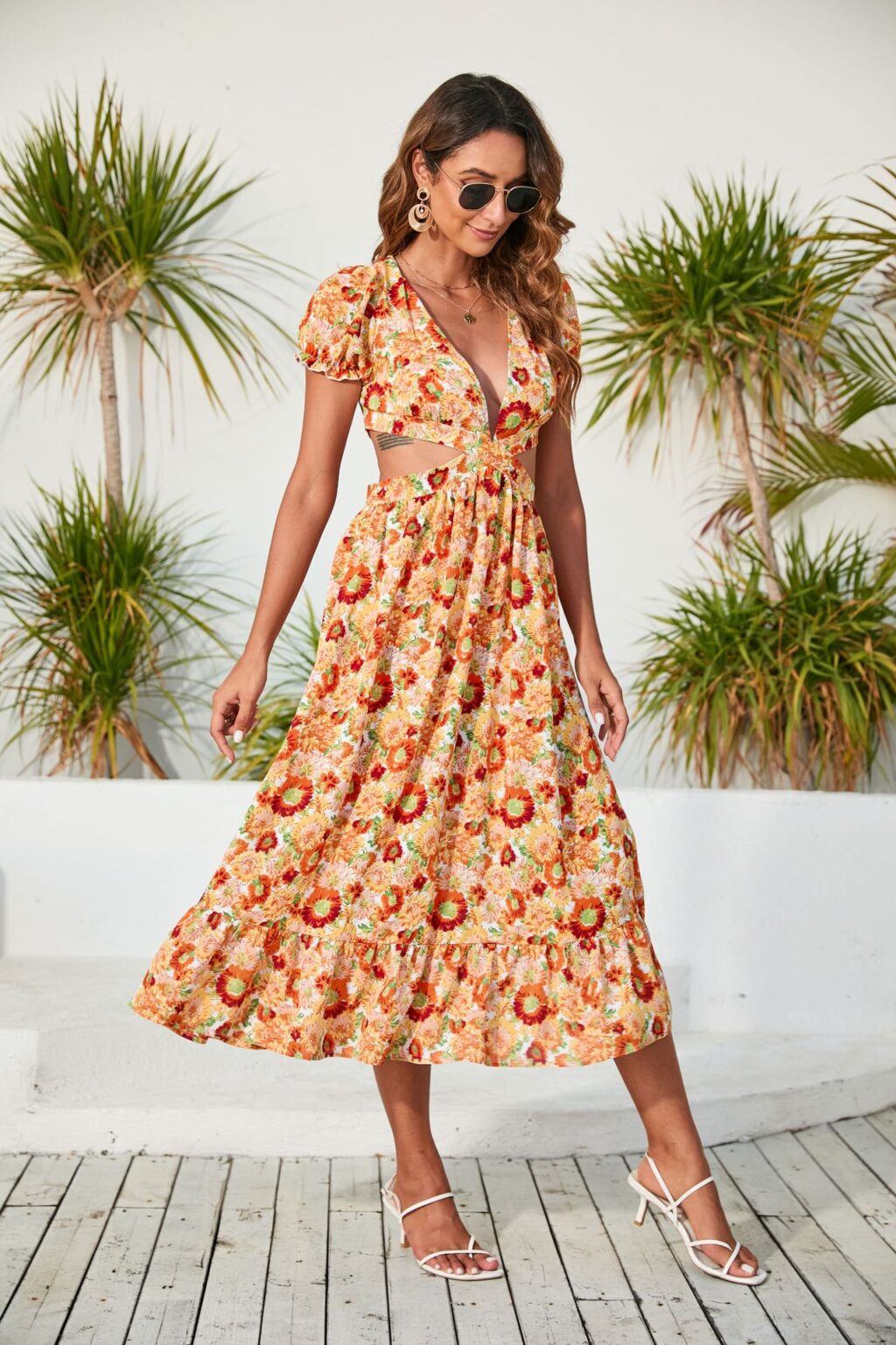 Spring Summer Women Clothing V Neck Printed Dress Backless Midi Dress - Image 2