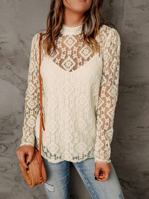 Lace Long Sleeved Top Women Summer Hollow Out Thin Faux Two Layer T shirt