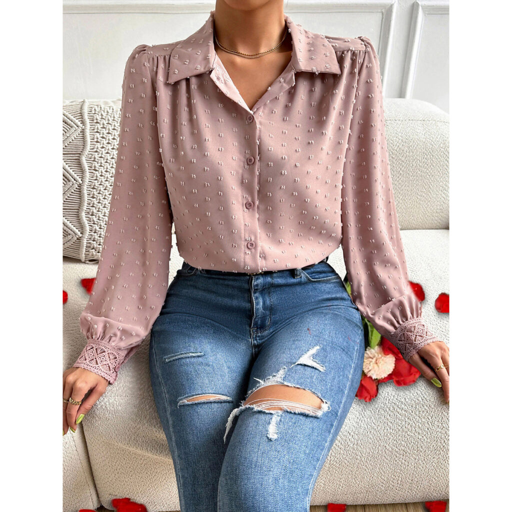 Spring Summer Office Fur Ball Stitching Lace Shirt Top Women - Image 2