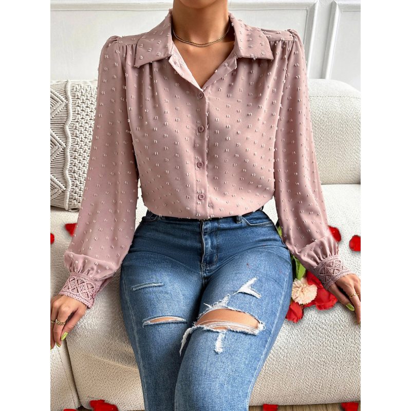 Spring Summer Office Fur Ball Stitching Lace Shirt Top Women - Image 2