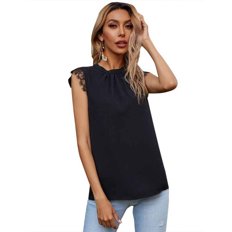Women Clothing Stitching Lace Edge Half Turtleneck Sleeveless Sexy Shirt - Image 4