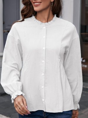 Office Slim Fit Ruffled Long Sleeve Stringy Selvedge Stand-up Collar Single-Breasted Shirt Pure Cotton Shirt Top for Women