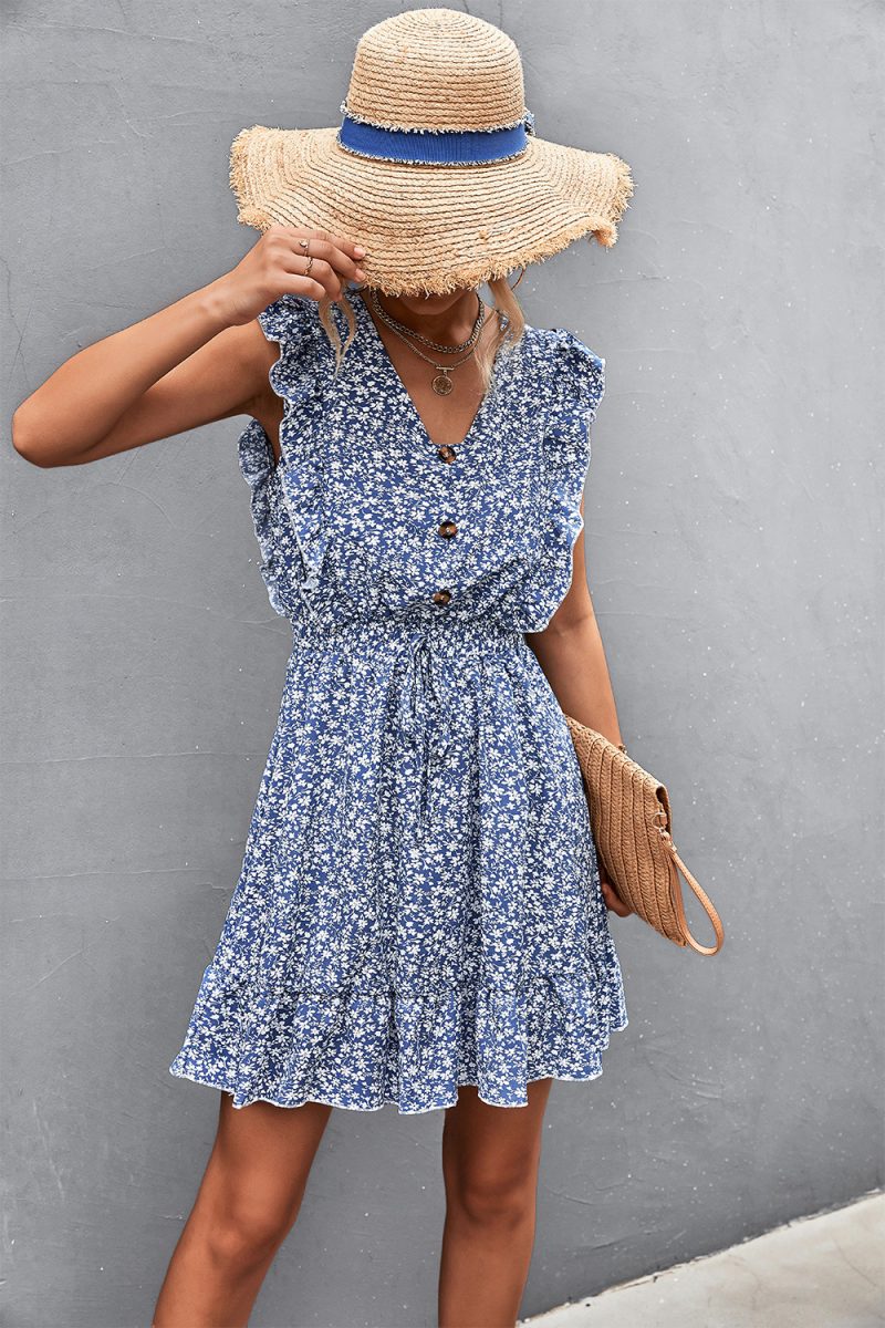 Spring Summer V-neck Buttons Ruffle Sleeve Waist Dress Short - Image 2
