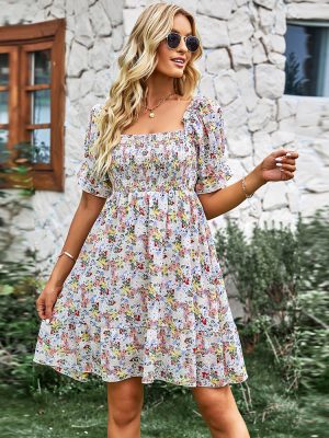 Floral Dress Spring Autumn French Square Collar Babydoll Dress