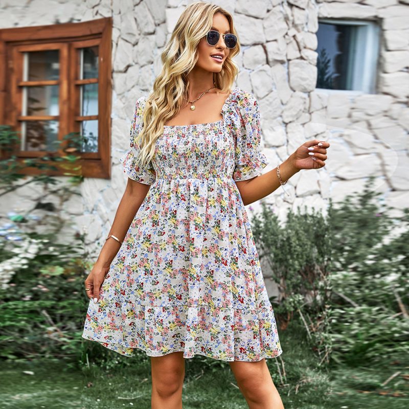 Floral Dress Spring Autumn French Square Collar Babydoll Dress