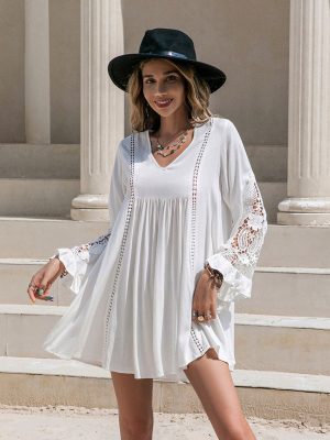 Mixed Batch Loose White Lace Dress Vacation  Short  Babydoll