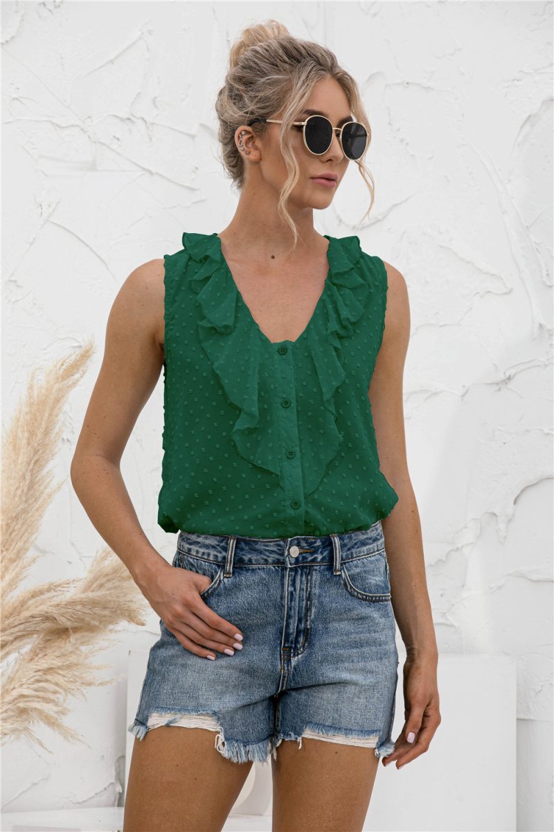Spring Summer Sexy V-neck Ruffled Spaghetti Straps Button Shirt - Image 2