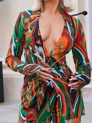 Autumn Sexy Sexy Deep V Plunge Printed Shirt Long Sleeve Waist Tie Dyed Women  Clothing