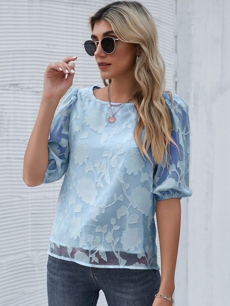 Summer Women Chiffon Floral Pullover round Neck Shirt with Half Sleeve Office Chiffon Shirt - Image 2