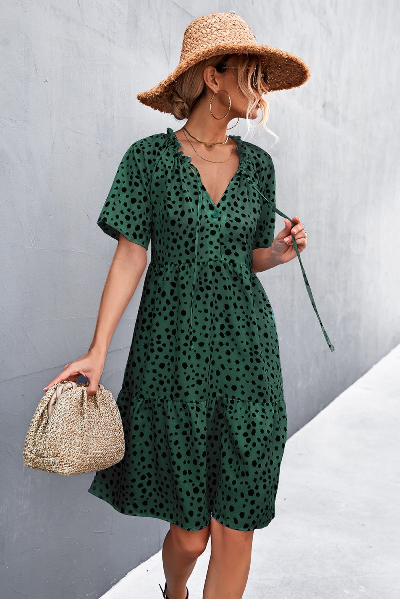 Spring Summer Ruffled V neck Lace up Dot Dress - Image 3