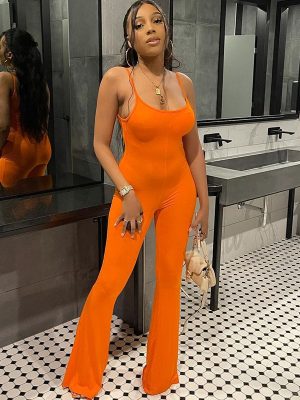 Women Clothing Spring Sexy U Collar Backless Slim Fit Solid Color Sling Jumpsuit