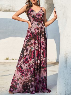 Spaghetti Strap Floral Print Long Holiday Dress