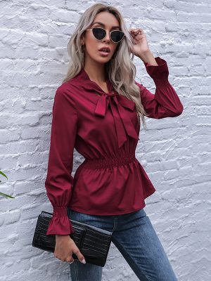 Autumn  Solid Color Scarf Collar Slim Fit Elasticated Waist Speaker Long Sleeve Pullover Shirt Female