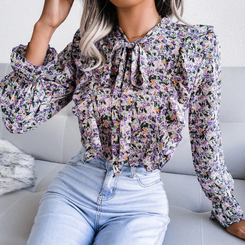 Autumn Winter Casual Lace up Ruffled Floral Chiffon Estampado Floral Shirt Top Women Clothing Plus Size - Image 3
