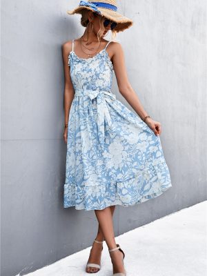 Spring Summer Ruffled Strap Printing Smocking Strap Dress