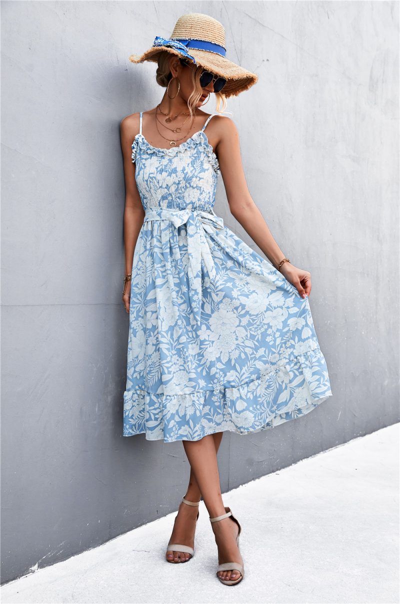 Spring Summer Ruffled Strap Printing Smocking Strap Dress