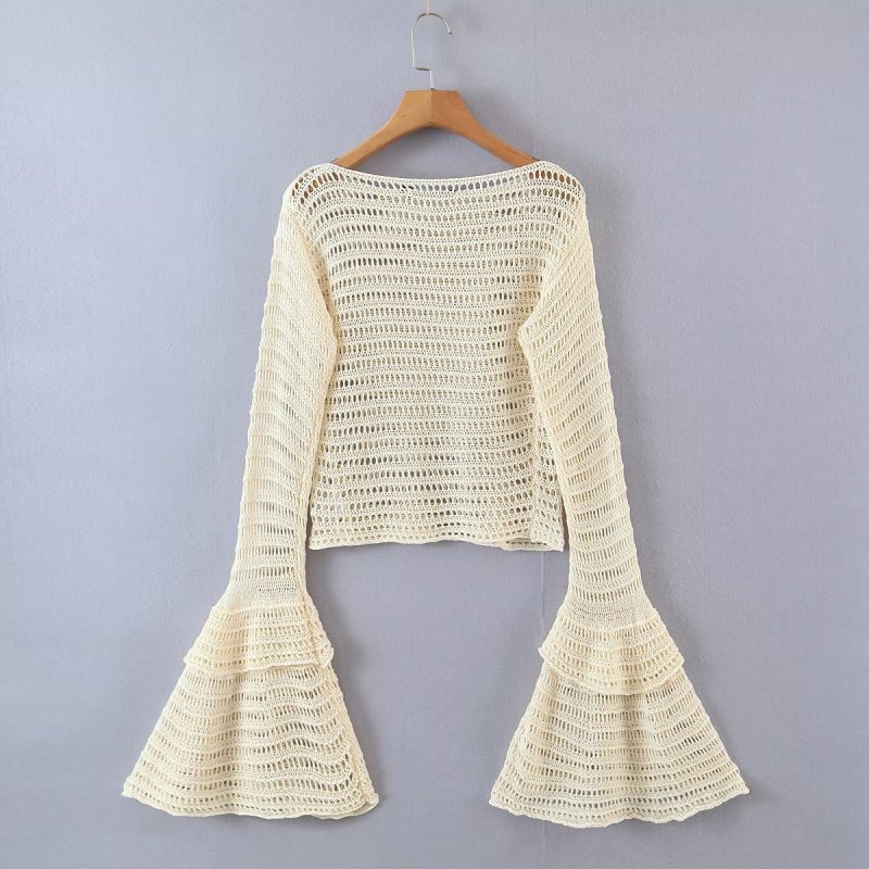 Autumn Oversized Flare Sleeve Sweater Hollow Out Cutout-out Pullover Top - Image 5