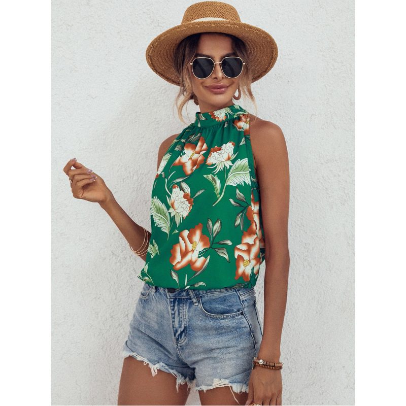 Casual Women Shirt Floral Print Sleeveless Stand Up Collar Tie Shirt - Image 2
