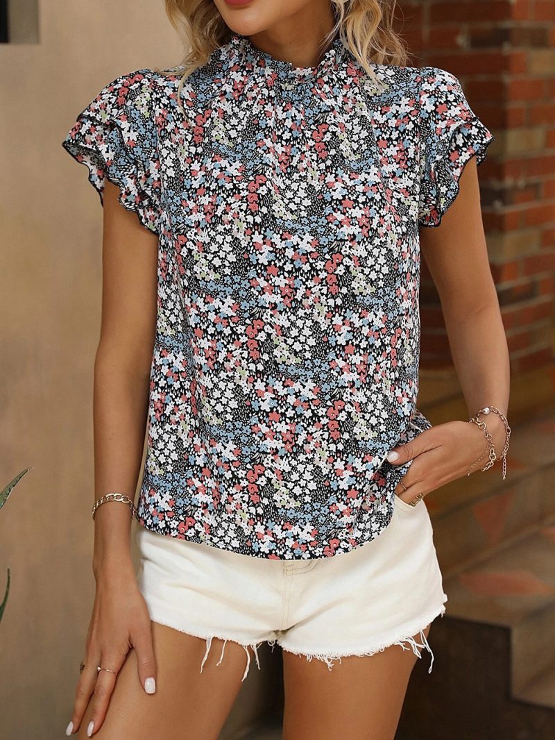 Bohemian Shirt Floral Print Ruffle Sleeve Round Neck Fresh Sweet Top Women - Image 2