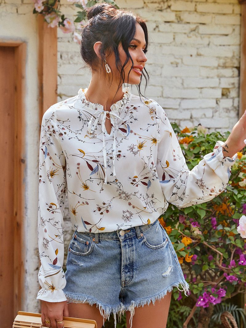 Women Clothing  Spring Autumn Long Sleeve Small Floral Tie-Neck Printed Top - Image 2