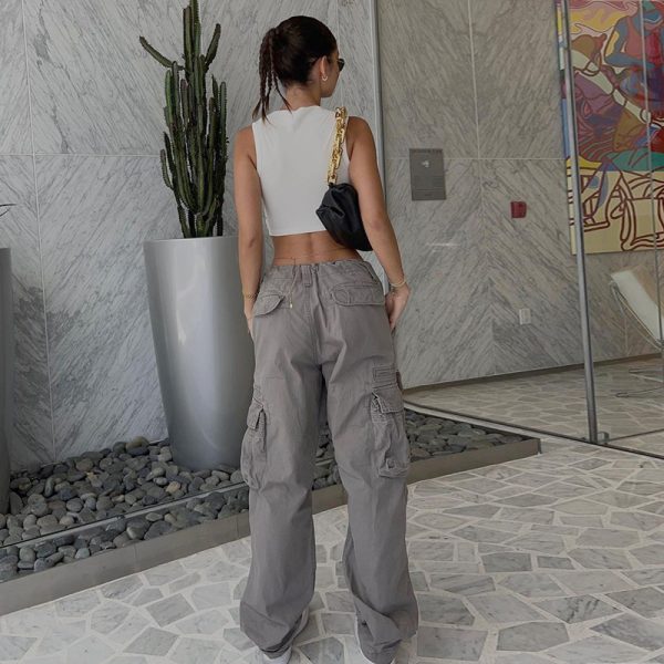 Light Gray Casual with Big Pockets Overalls Autumn Trendy Women Low Waist Loose Waist Straight Jeans - Image 3