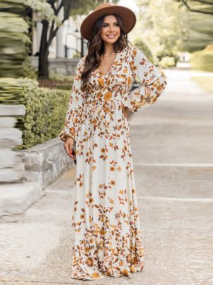 Waist Controlled Slimming Long Sleeve Dress Women Autumn Floral Dress