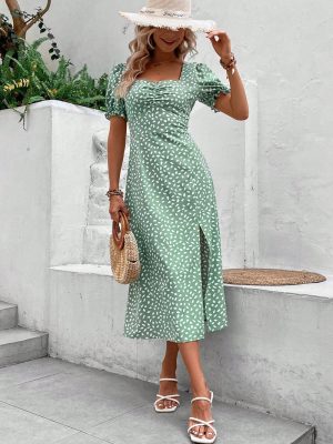 Square Collar Chiffon Short Sleeve Summer Sexy Floral High Waist Dress for Women