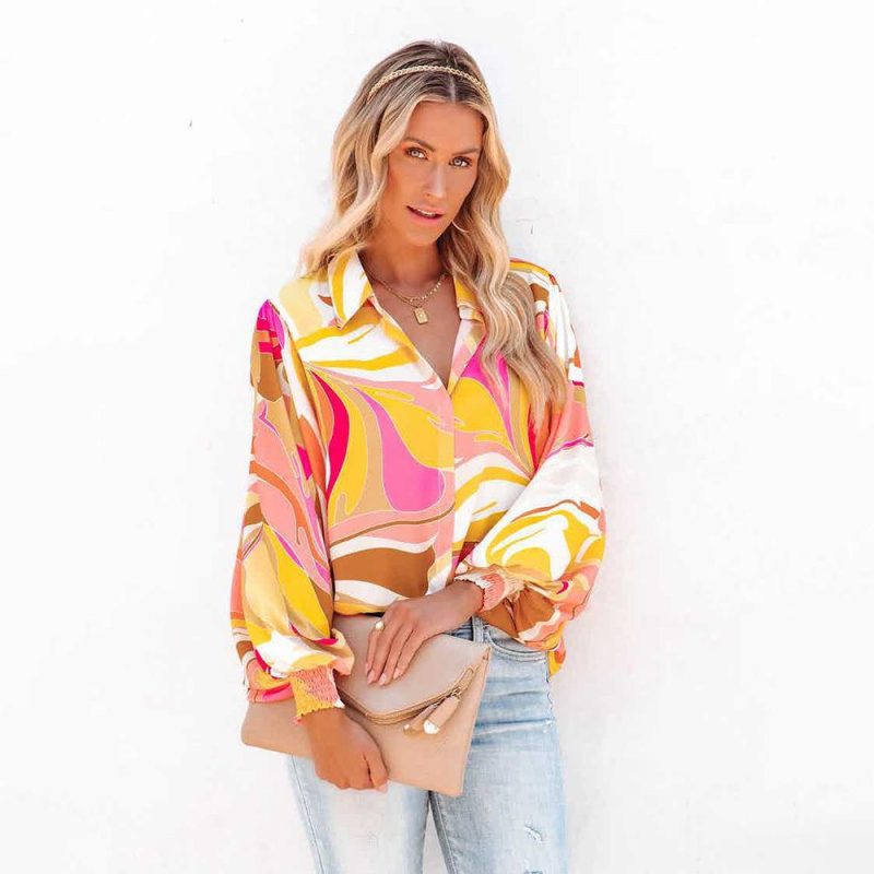 Autumn Winter Printed Lantern Sleeve Collared Cardigan Single Breasted Casual Shirt Women Top - Image 2