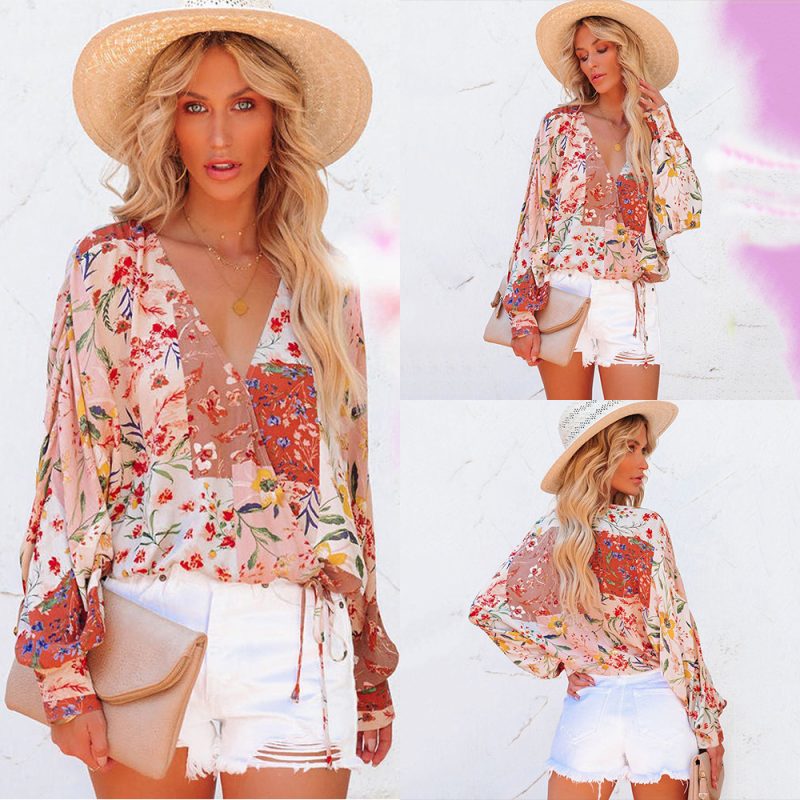 Spring Summer Floral V-neck Long Sleeve Loose Casual Shirt - Image 5