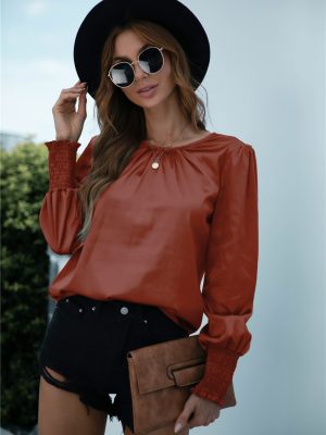 Spring Autumn Smocking Long Sleeve Solid Color round Neck Shirt