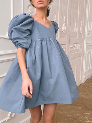 Summer Loose V-neck French Short  Pure Cotton Solid Color Dress Puff Sleeve