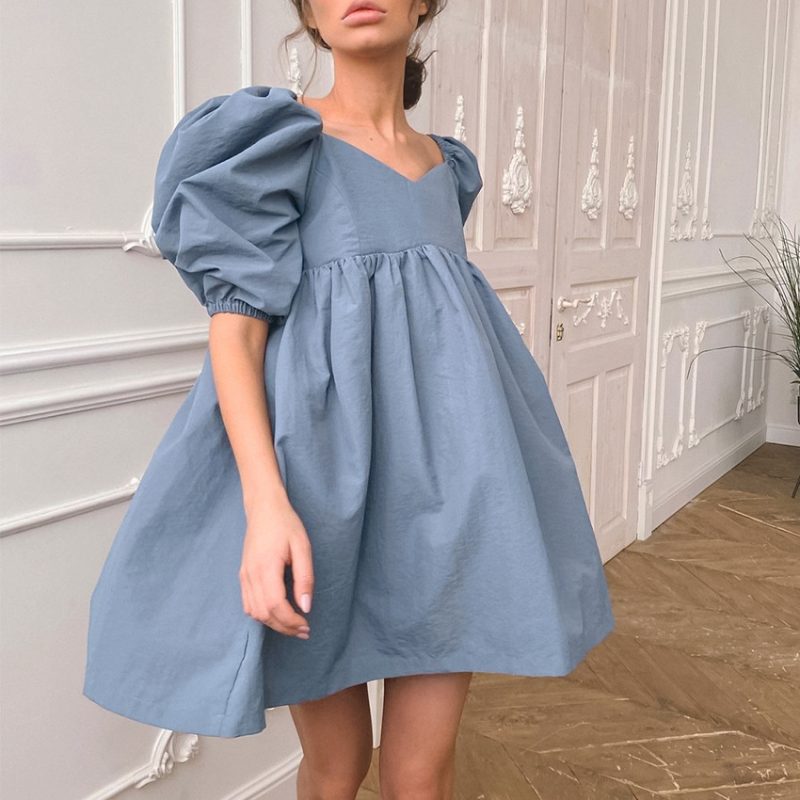 Summer Loose V-neck French Short  Pure Cotton Solid Color Dress Puff Sleeve