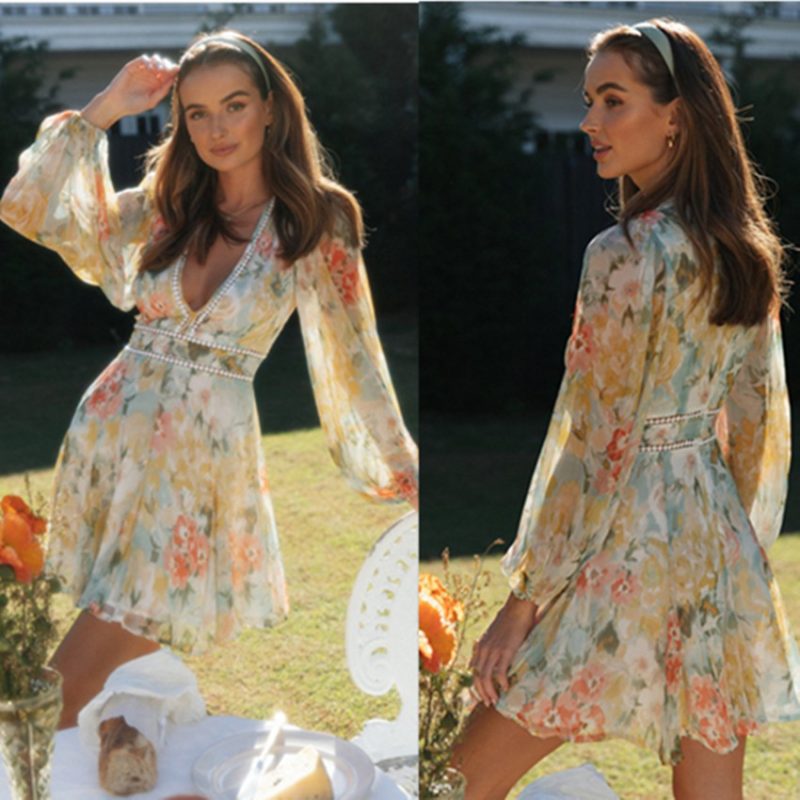 Women Clothing Printed V-neck Puff Sleeve Lace Stitching Big Swing Dress - Image 2