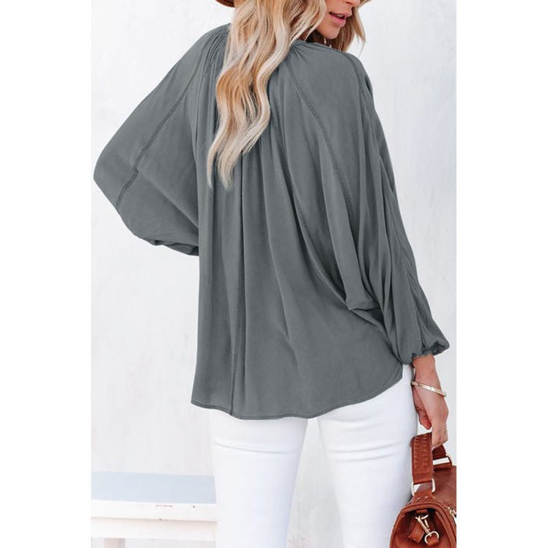 Spring Autumn V neck Long Sleeve Top Women Solid Color Loose Fitting T shirt - Image 4