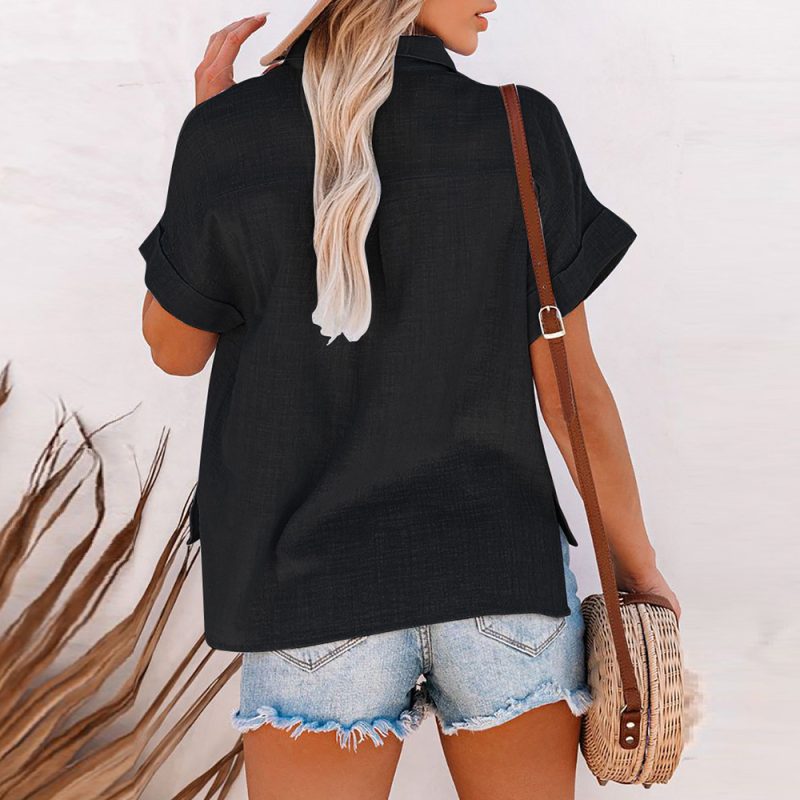 Summer Polo Collar Solid Color Short Sleeve Casual Women Cotton Linen Shirt Top Women Clothing - Image 3