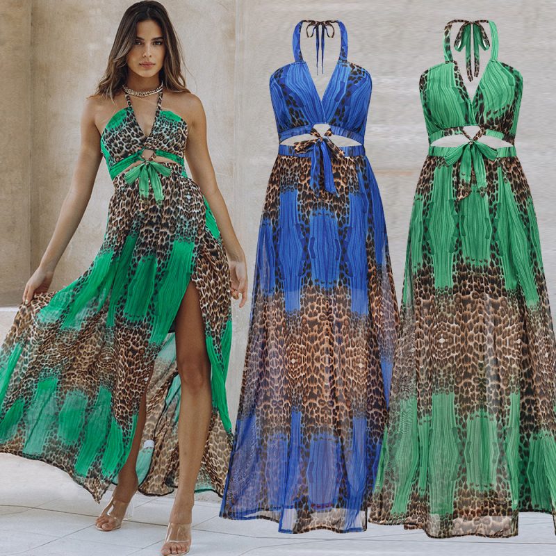 Spring Summer Halter Dress Backless Sexy Leopard Print Chiffon Dress - Image 5