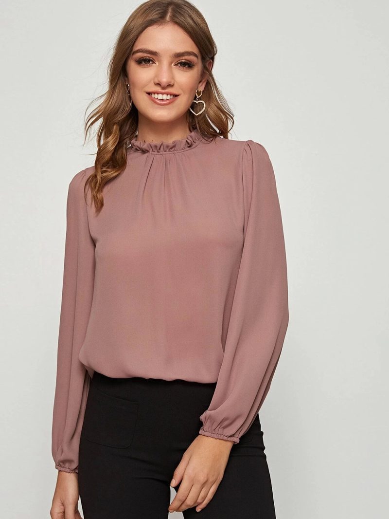 Autumn Ruffled Chiffon Office Lantern Sleeve Solid Color Stand Collar Shirt for Women - Image 3