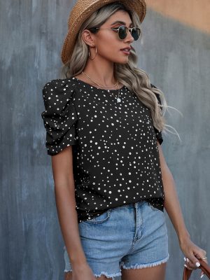 Casual Shirt Polka Dot Design Round Neck Puff Sleeve Shirt